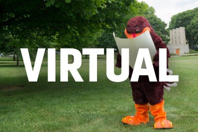 HokieBird with a map with the word "Virtual" over it.